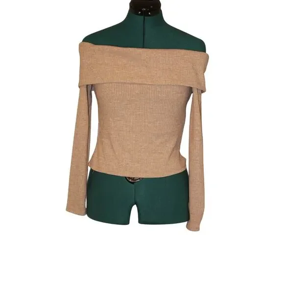 NWT Lovers + Friends Beige Off-Shoulder Ribbed Knit Long Sleeve Top Women  Small - Picture 2 of 4
